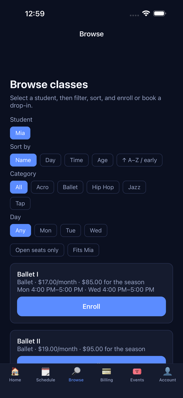 Browse classes in the ClassOvation app: filter by category and day, then enroll a student with one tap