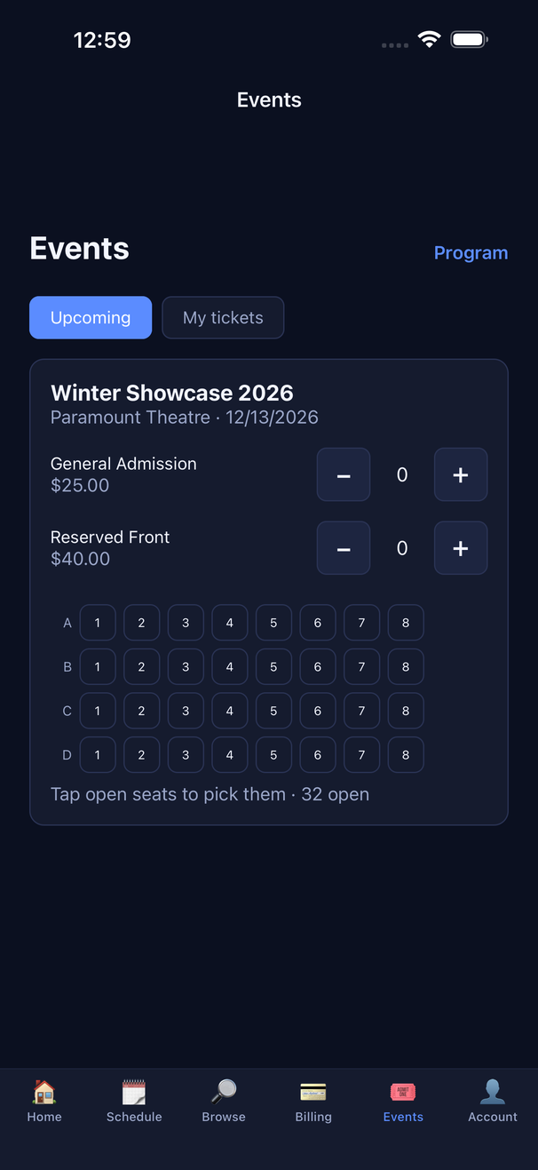Recital tickets in the app: pick reserved seats right from the seat map