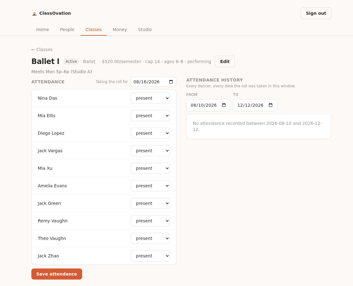 ClassOvation class page showing the roster, one-tap enrollment, per-dancer costume tracking, and today's attendance being taken.